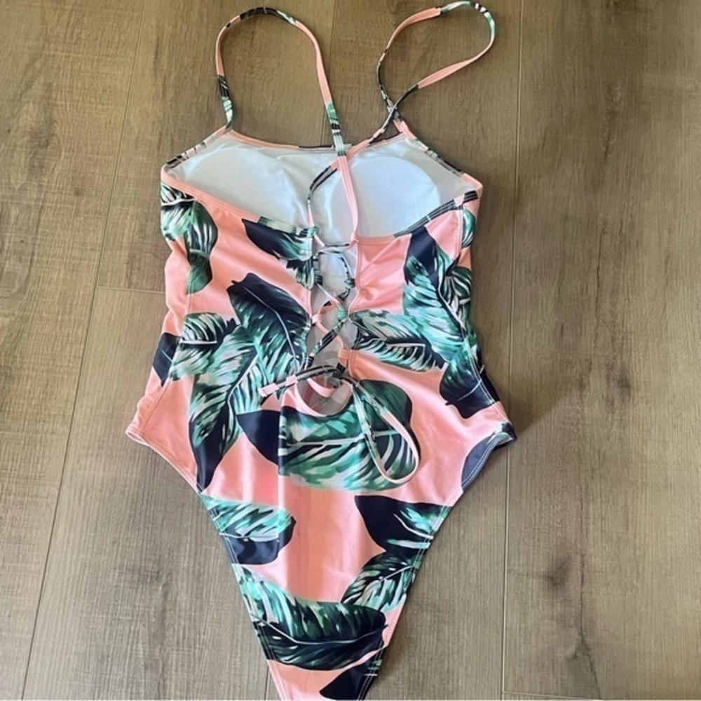 Waikiki Hawaii Orange & Green Palm Leaf‎ One Piece Swimsuit Lace Up Back NWT - Picture 5 of 12